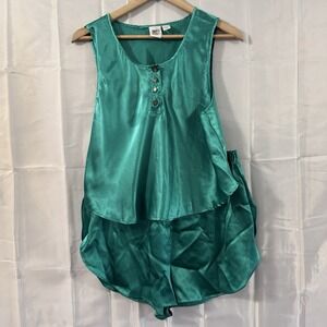 Adam & Eve vintage 90s Green Satin Pajama Shorts Set Pjs Slit In Side Shorts